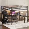 Full Size Loft Bed with L-shaped Desk and USB, Metal Loft Bed with Wardrobe and Adjustable Shelf, High Loft Bed with LED for Kids Teens Adults, Black