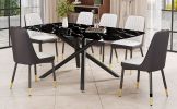 1 table and 6 chairs set.A rectangular dining table with a imitation marble black table top and black metal legs.Paired with 6 chairs with PU leather