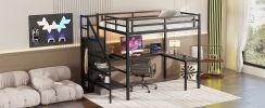 Full Size Loft Bed with L-shaped Desk and USB, Metal Loft Bed with Wardrobe and Adjustable Shelf, High Loft Bed with LED for Kids Teens Adults, Black