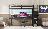 Full Size Loft Bed with L-shaped Desk and USB, Metal Loft Bed with Wardrobe and Adjustable Shelf, High Loft Bed with LED for Kids Teens Adults, Black